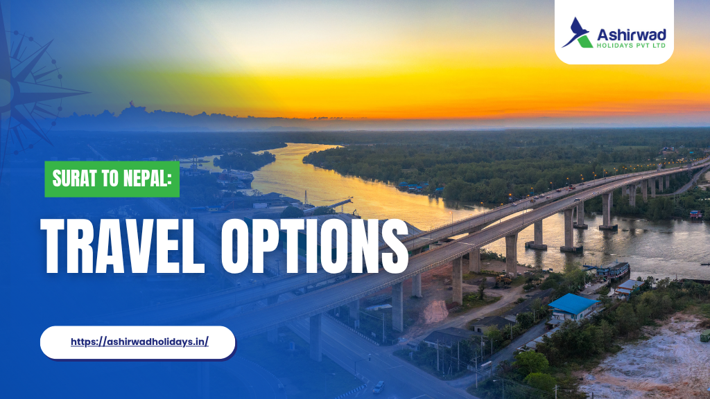 A scenic view of a bridge over a river at sunset, symbolizing travel routes and connections between Surat and Nepal.